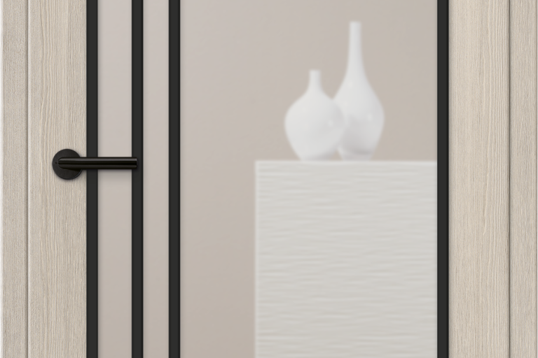 Mero Lärche Crema: CPL-Türblatt mit aufrechter Holzmaserung und Lichtausschnitt LA HK SPR Loft 3 mit schwarzen Glasleisten und Sprossenrahmen, Glas: Klarglas