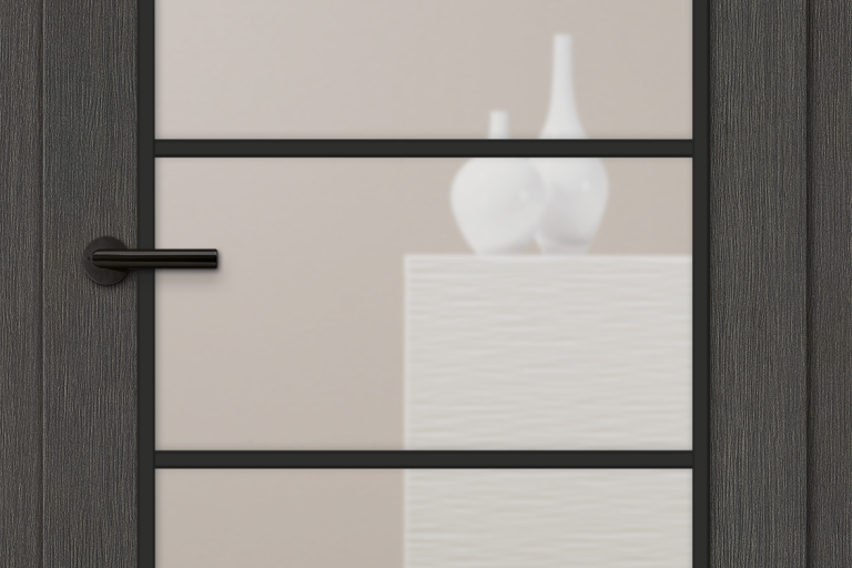 Mero Anthracite: CPL door leaf with vertical wood grain and vision panel LA HK SPR Loft 1 with black glass strips and mullion grid frame, glass: clear glass