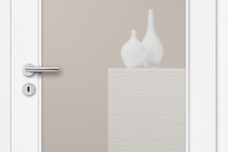 Mero White relief: CPL door leaf with vertical wood grain and vision panel LA HK, glass: clear glass