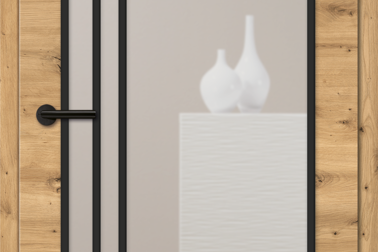 Verso Asteiche: CPL-Türblatt mit quer verlaufender Holzmaserung und Lichtausschnitt LA HK SPR Loft 3 mit schwarzen Glasleisten und Sprossenrahmen, Glas: Klarglas