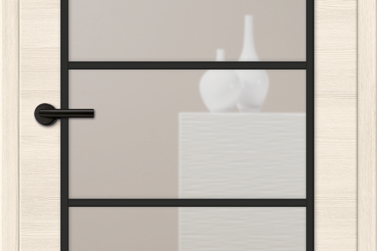 Verso Pinie : vantail CPL à veinage horizontal avec oculus LA HK SPR Loft 1 avec parcloses et cadre à croisillons en noir, vitrage : Clair