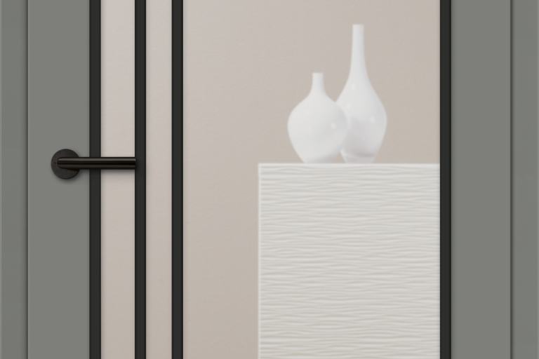 Alba Lavagrau: Lackiertes glattes Türblatt mit Lichtausschnitt LA HK SPR Loft 3 mit schwarzen Glasleisten und Sprossenrahmen, Glas: Klarglas