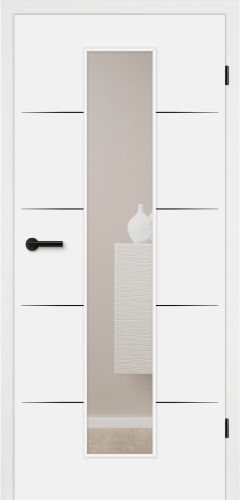 Tira 05 Polarweiß: Lackiertes Türblatt mit vier schwarzen Linien und Lichtausschnitt LA GA-M, Glas: Klarglas