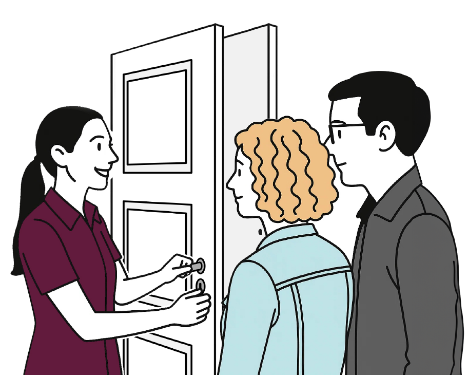 Illustration: Eine Fachhändlerin berät ein junges Paar zu Einbruchschutztüren.