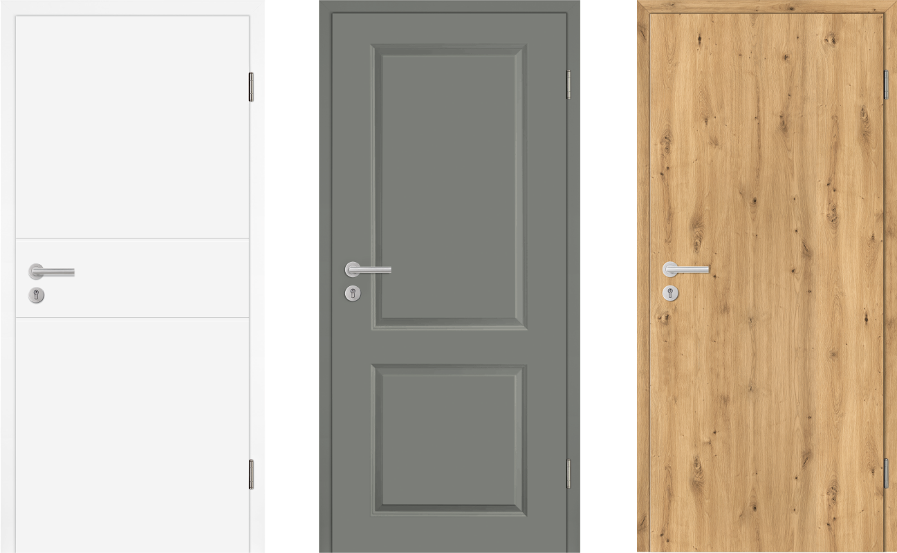 drei Einbruchschutztüren: eine naturweiße Mala-09-Designtür, eine lavagraue Elegance-02-Stiltür und eine Verso Asteiche Holzdesign-Tür