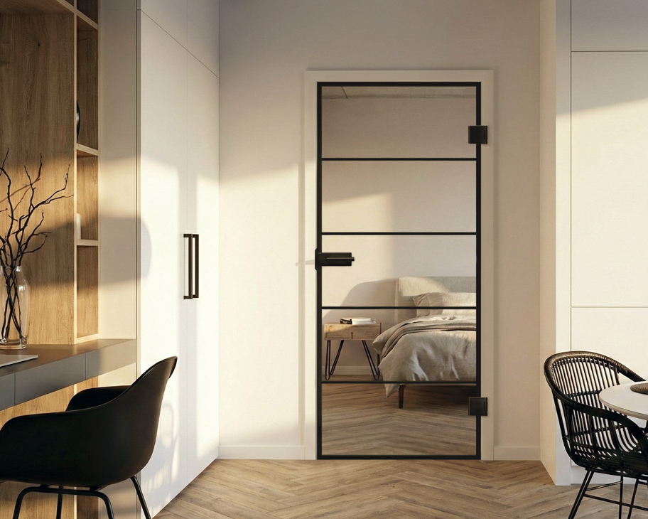 Eine Loft-01-Glastür mit schwarzen Streifen und Klarglas in einer modernen Wohnung mit Holzparkett und weißen Wänden