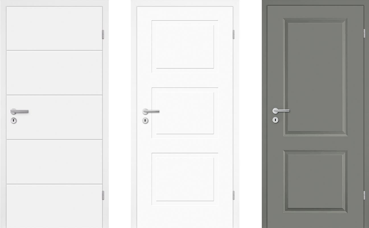 eine naturweiße Mala-05-Designtür, eine polarweiße Cala-03-Stiltür und eine lavagraue Elegance-02-Stiltür