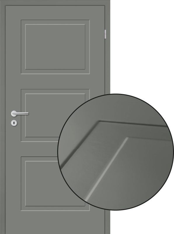 lavagraue Cala-03-Tür im Landhausstil, davor eine Nahaufnahme der Prägung