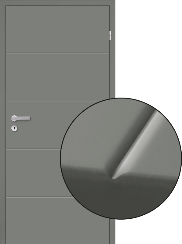 lavagraue Mala-10-Tür mit geometrischen Linien, davor eine Nahaufnahme der Prägung