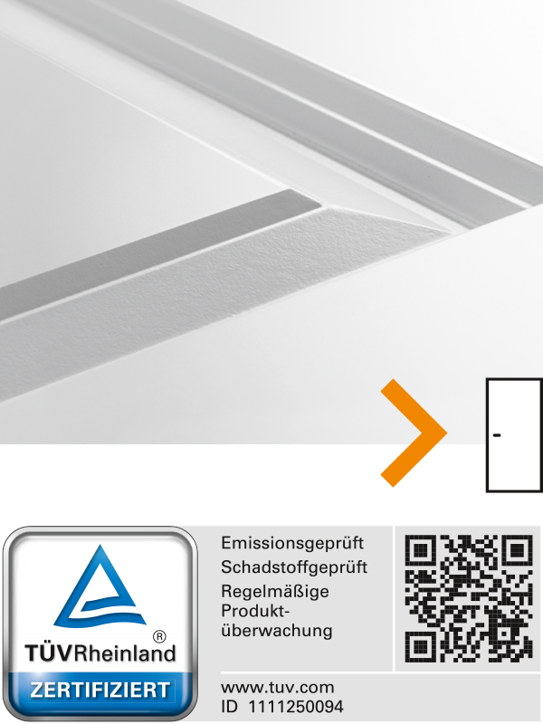 Foto einer geprägten Stiltür-Oberfläche, davor ein Tür-Piktogramm und ein TÜV-Rheinland-Logo