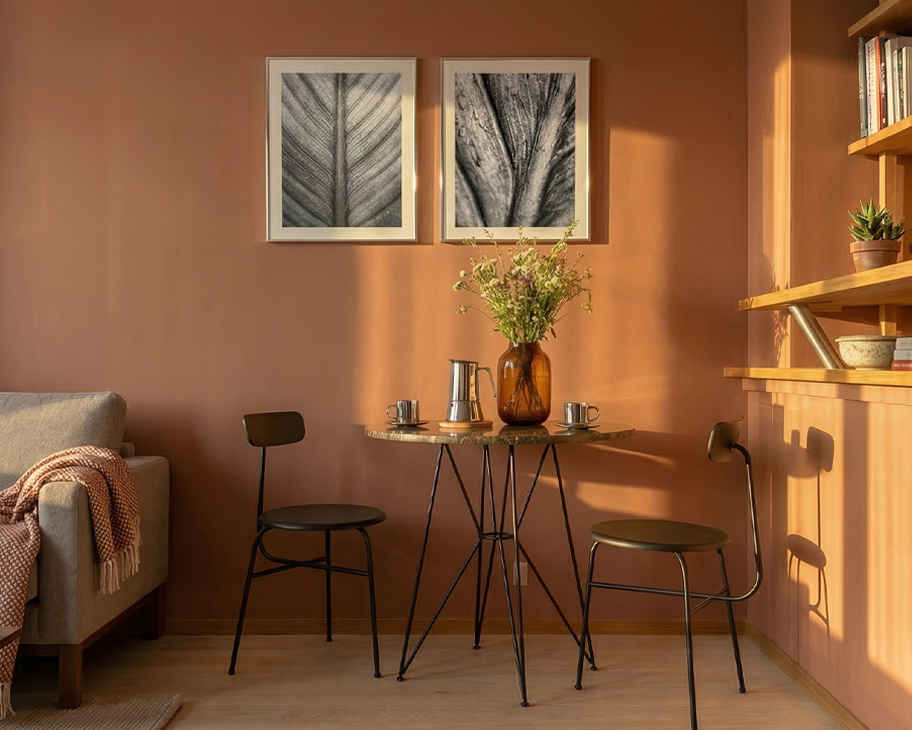 Ein runder Tisch mit zwei Stühlen vor einer terracottafarbenen Wand mit zwei abstrakten Schwarz-Weiß-Fotografien.