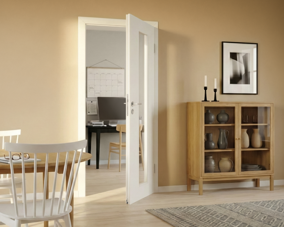eine weiße Alba-Schallschutztür mit Lichtausschnitt LA GA-M zwischen Wohnzimmer und Arbeitszimmer