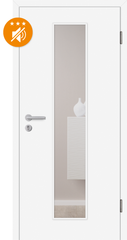 eine weiße Alba-Schallschutztür mit Lichtausschnitt LA GA-M und einem Schallschutz-Icon