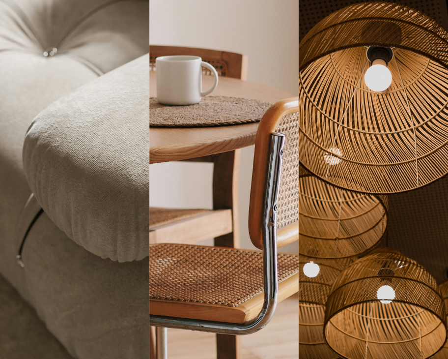 dreigeteiltes Foto mit Nahaufnahmen einer Sofa-Armlehne, eines Freischwinger-Stuhls mit Rattangeflecht und von Deckenleuchten aus Naturmaterial
