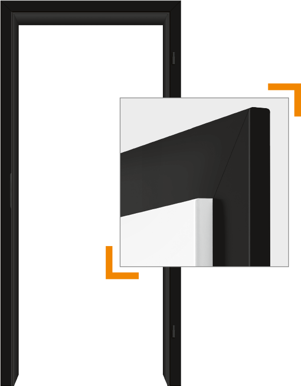 eine schwarze Zarge, davor eine Nahaufnahme der oberen Ecke der schwarzen Zarge